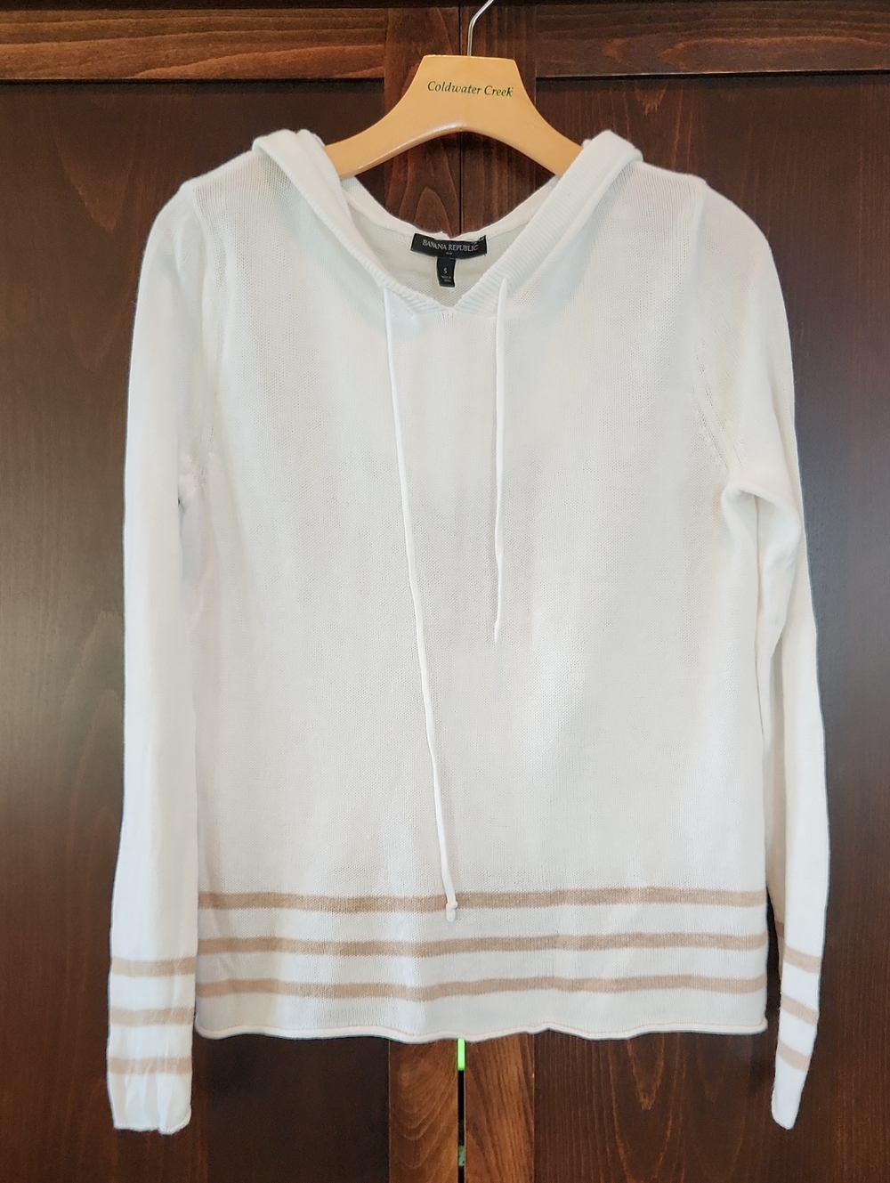 Banana Republic White Hooded Pullover with Tan Stripes
